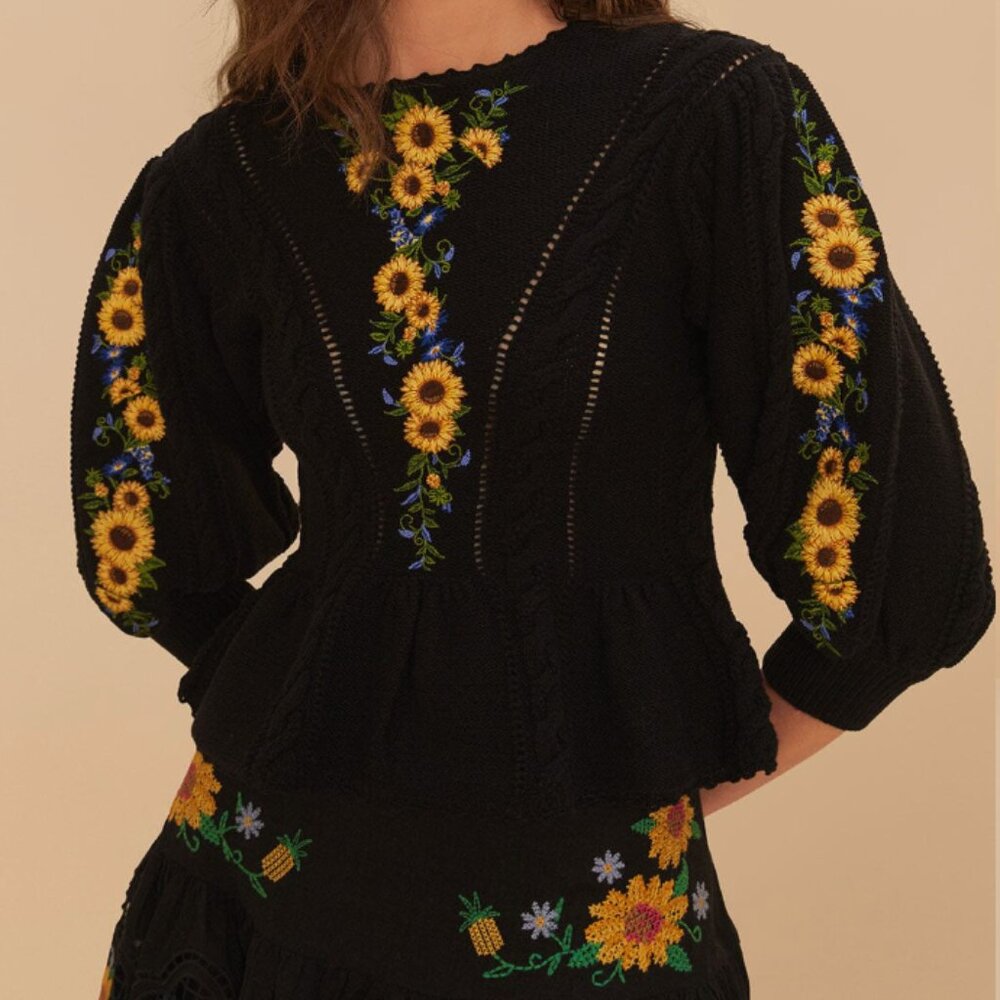 FARM Rio Black Floral Embroidery Knit Top